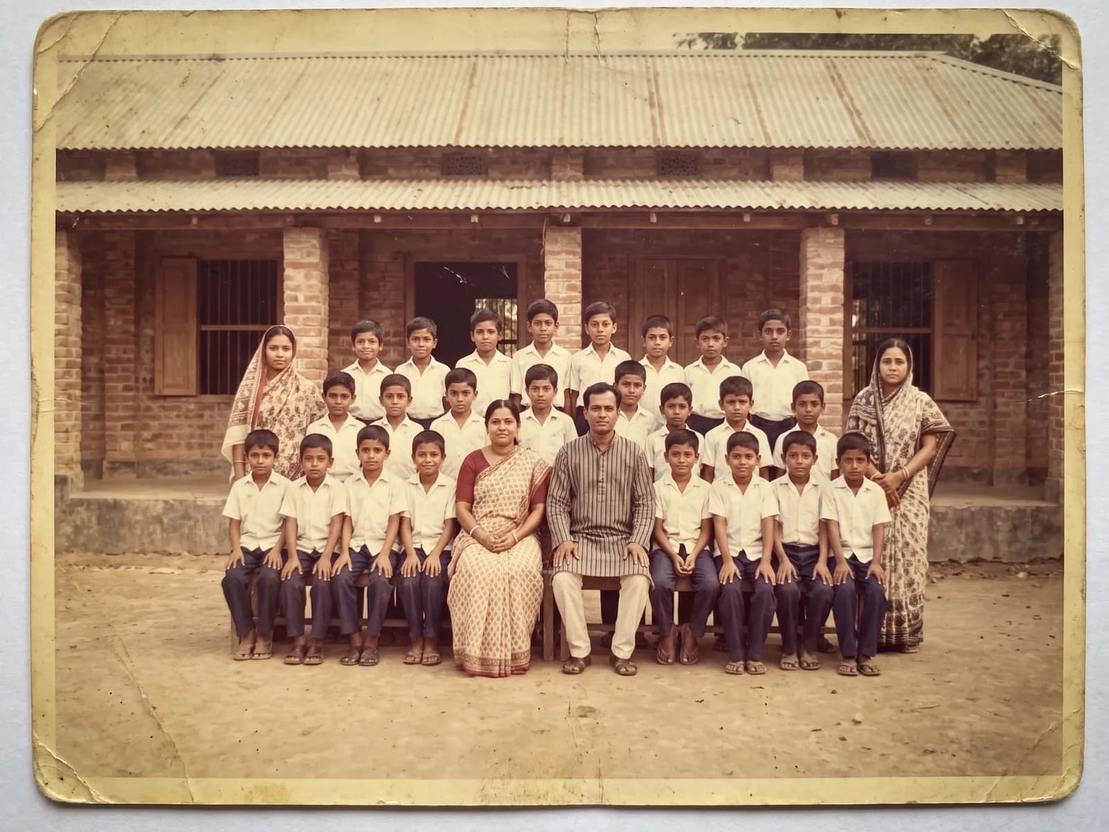 Archival 1980s photograph of the school's original tin-roofed building with early students and teachers posing in front