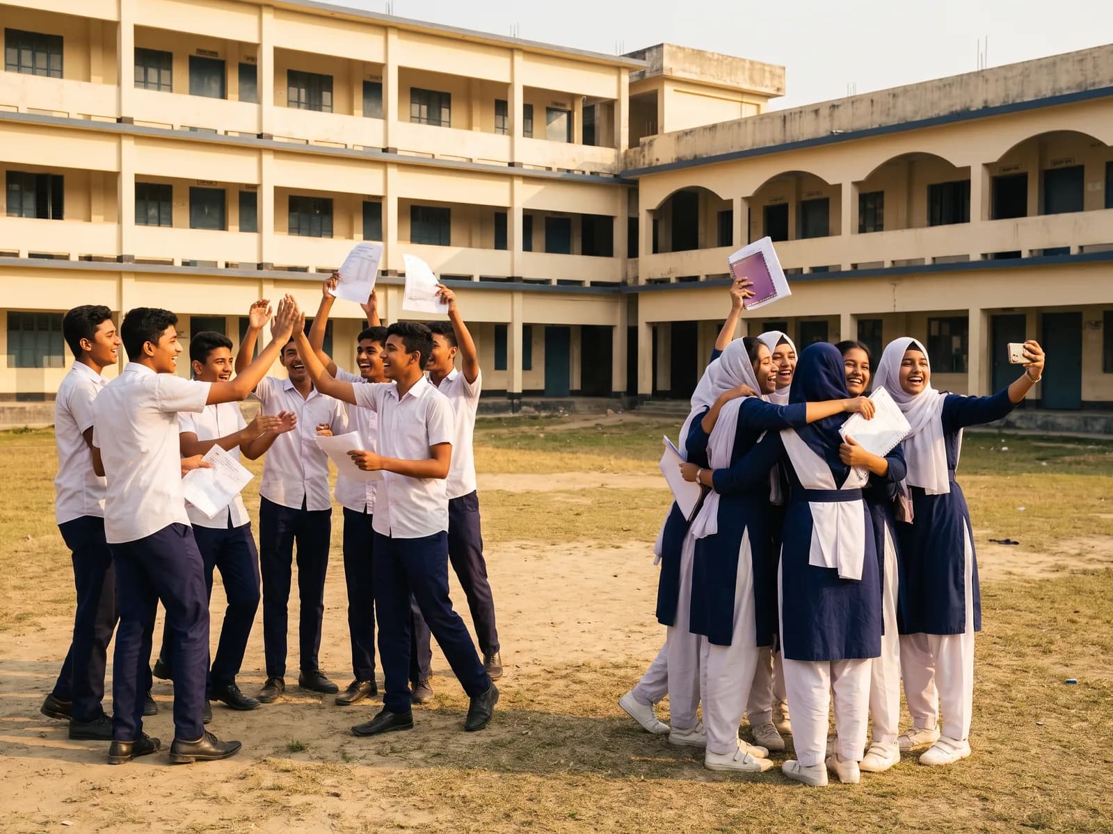 SSC students celebrate their results on the school field: boys high-five with result sheets raised while girls gather for a group selfie