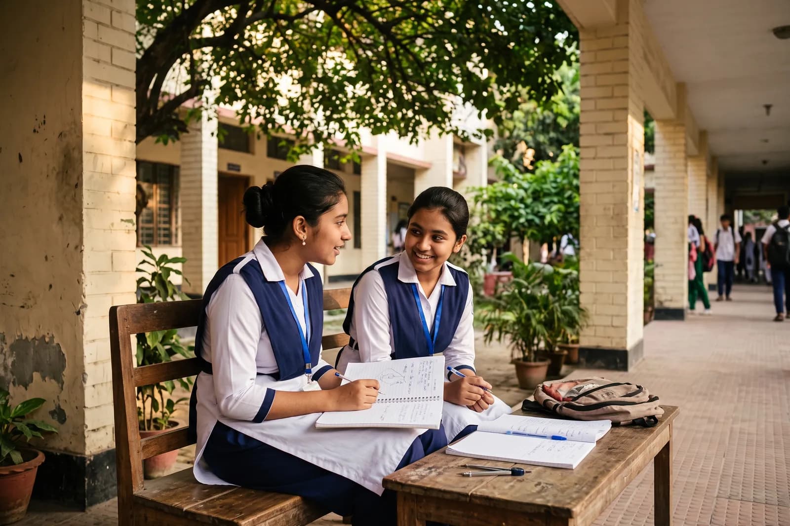 Students studying together on the school veranda