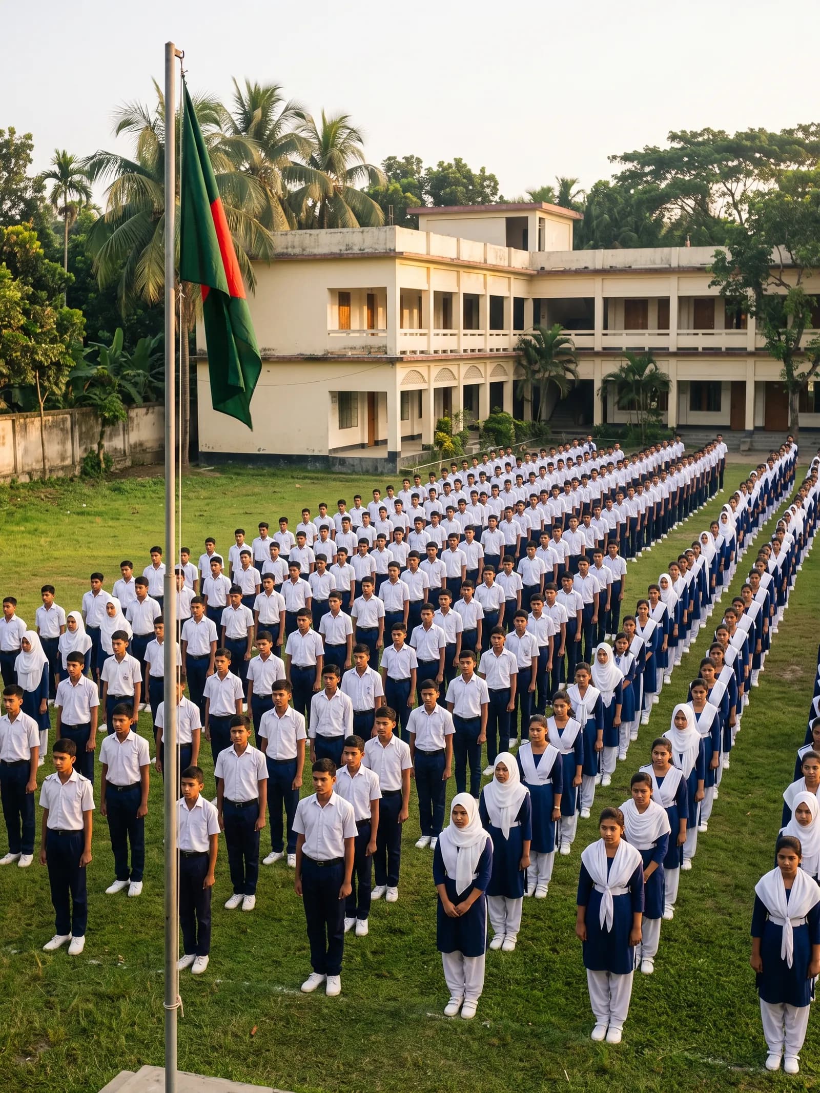 Students at morning assembly with the national flag