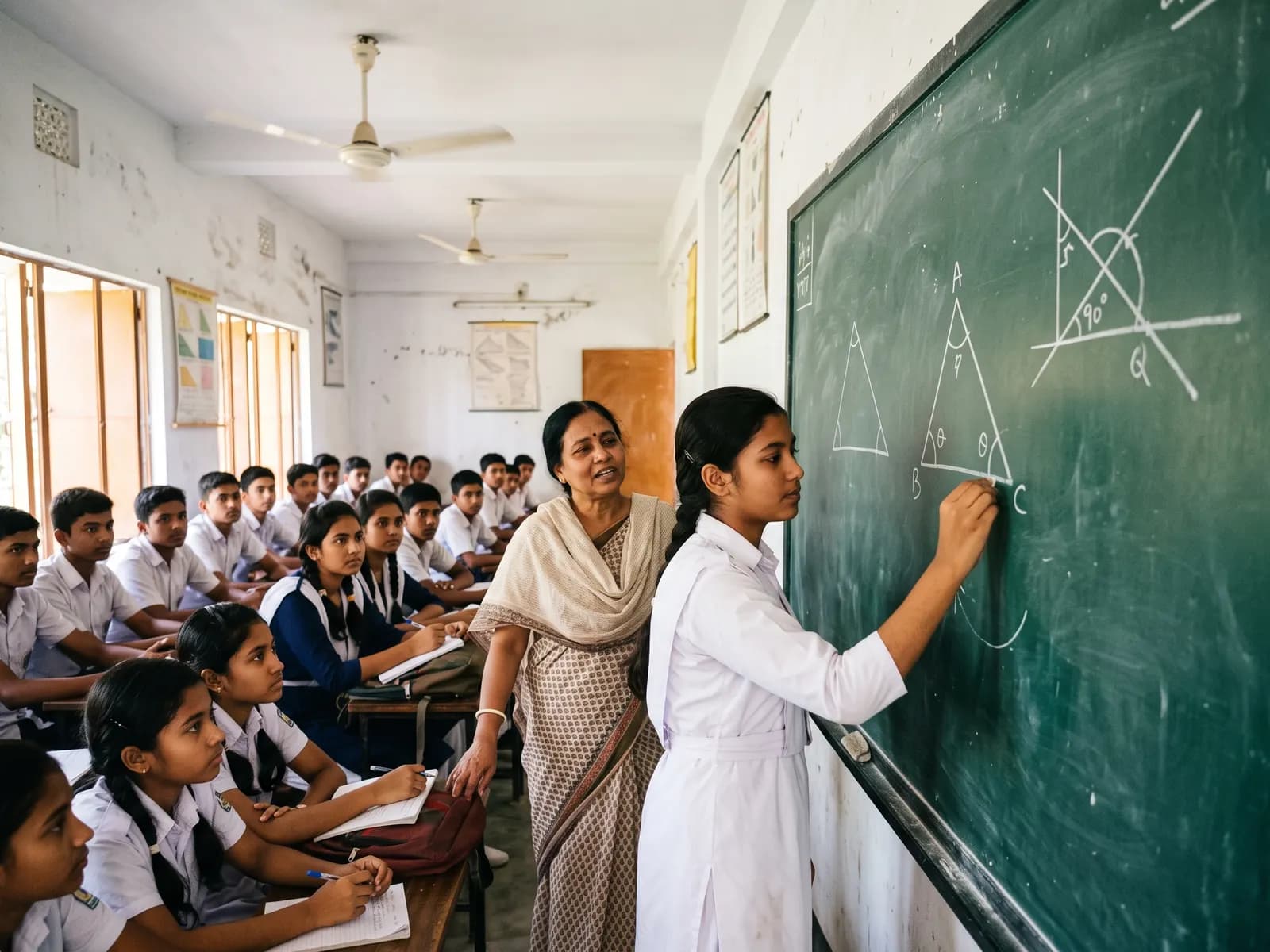 A student solves a geometry problem on the chalkboard as the mathematics teacher and classmates watch