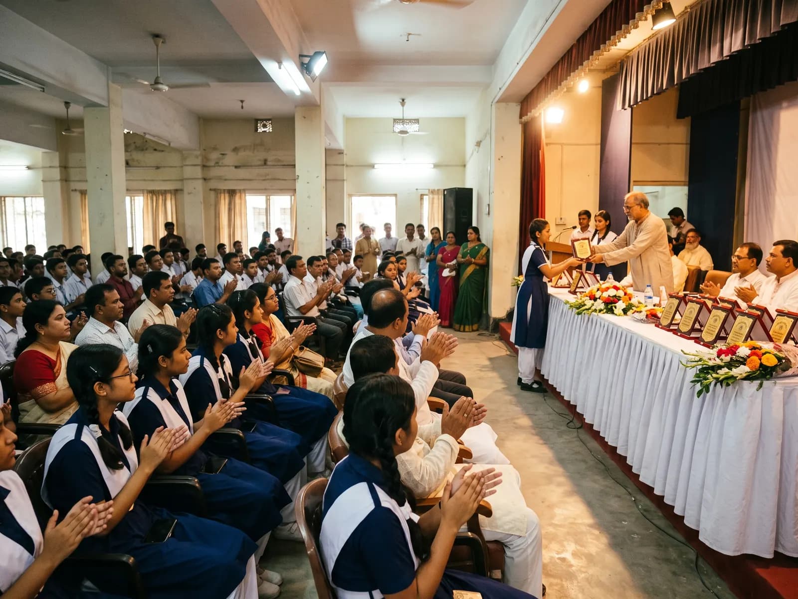 Guardians and students applaud in the auditorium during the prize-giving ceremony