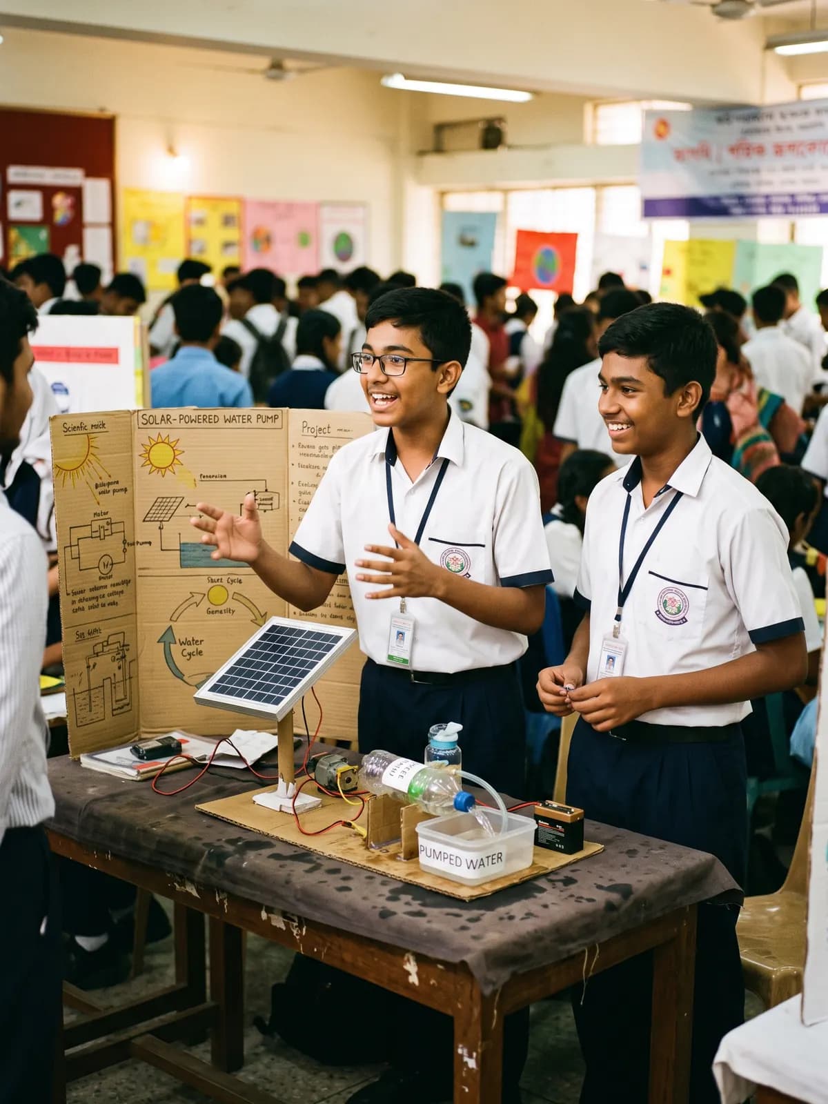 Two students explain their handmade solar-powered water pump model at the science fair