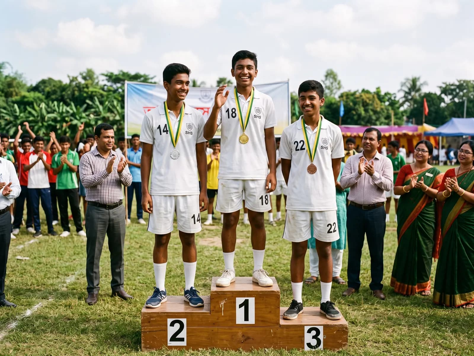 Three medal winners stand on the podium as teachers applaud