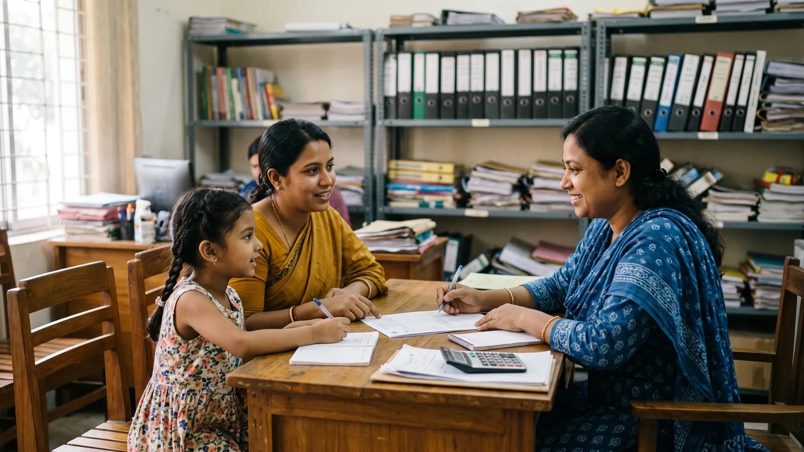 Guardians and a child at the admission desk