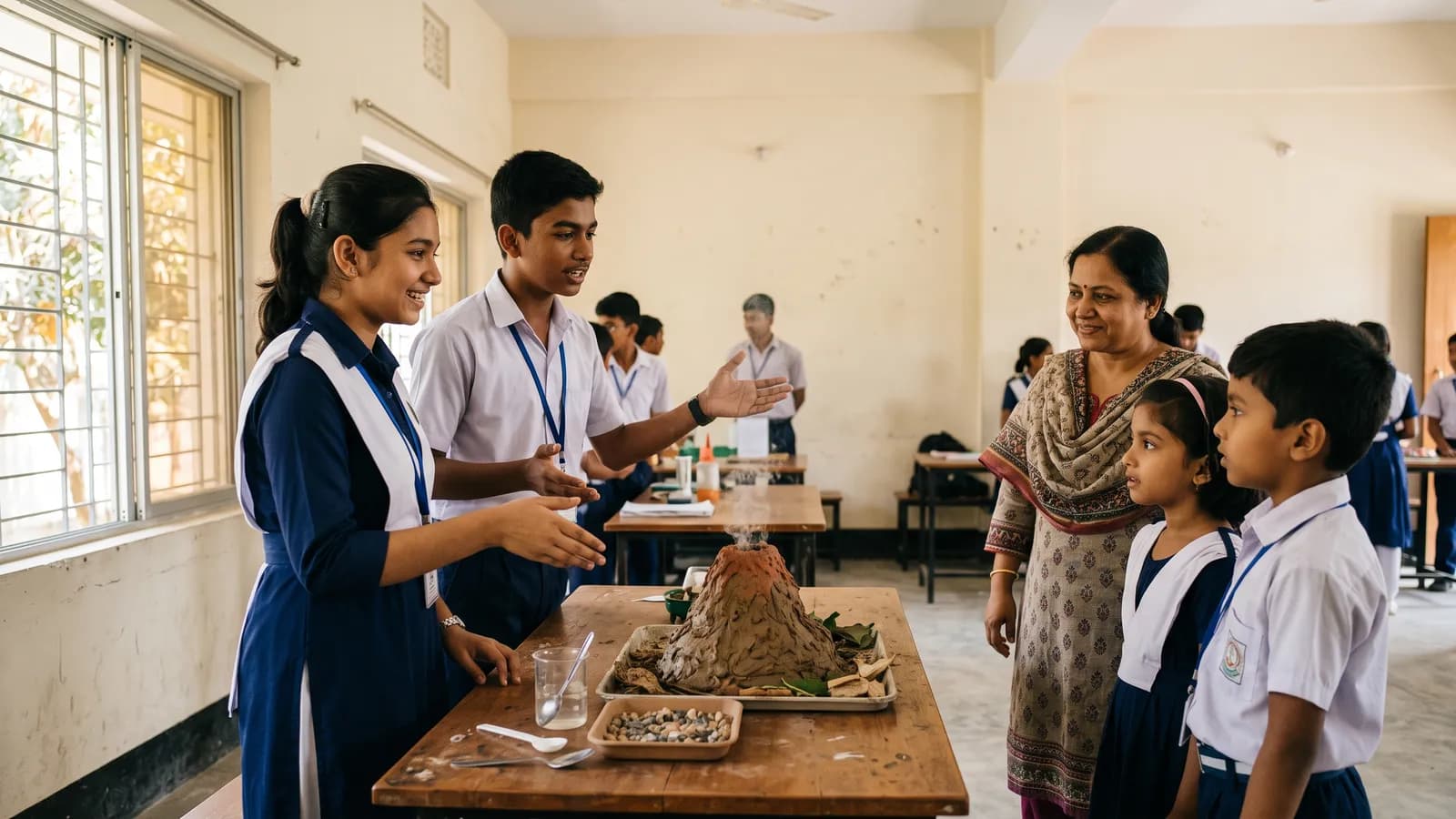Students present a science project model to visitors